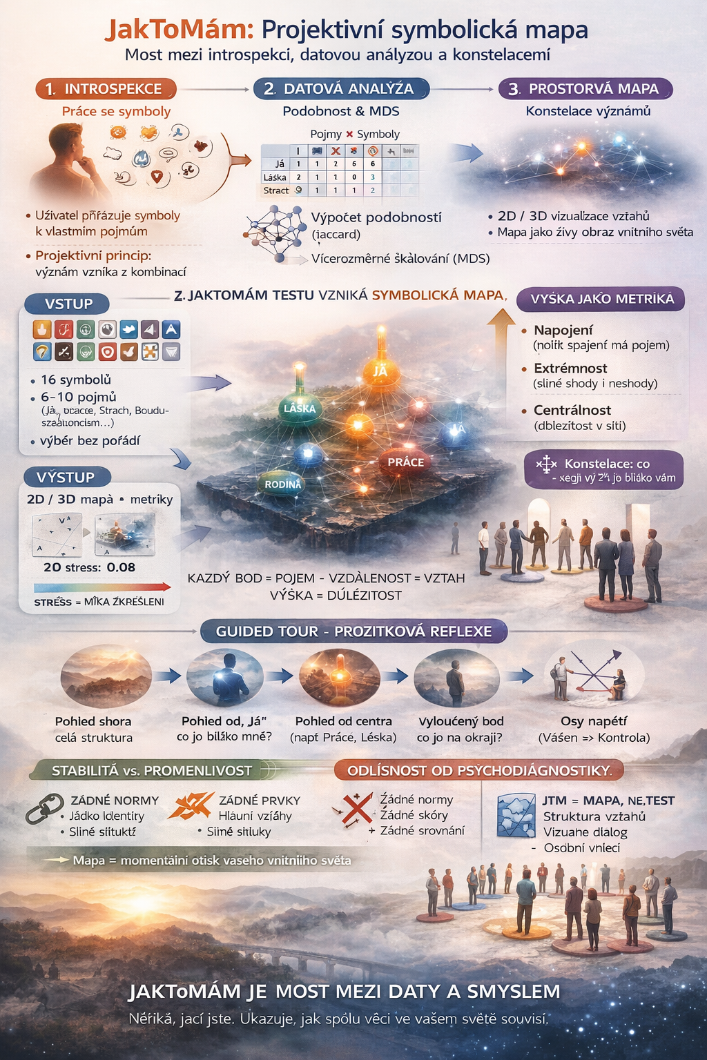 JakToMám: Projektivní symbolická mapa jako most mezi introspekcí, datovou analýzou a konstelacemi